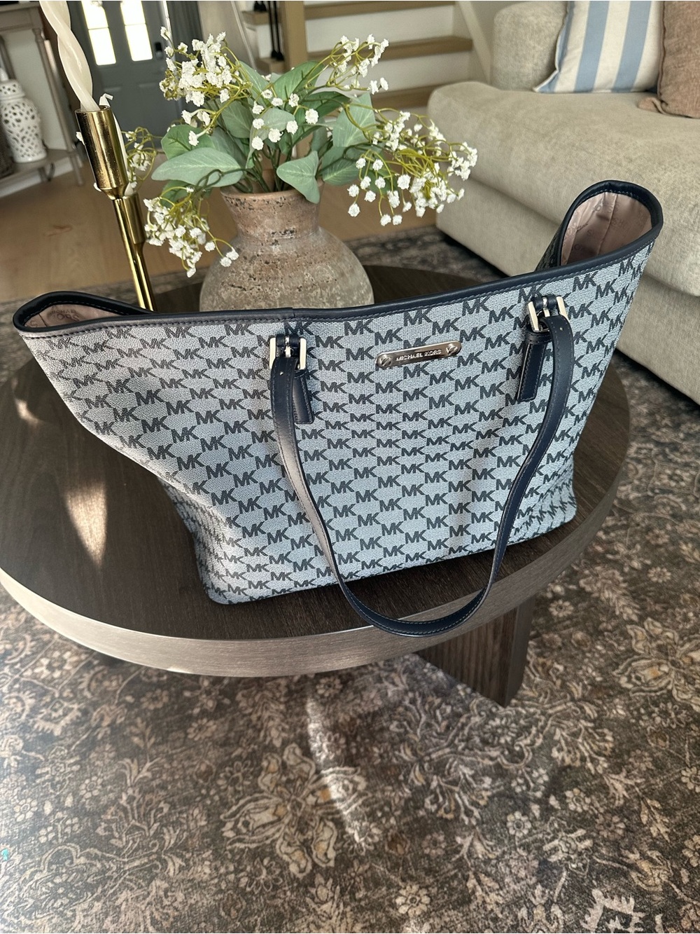 Barely used Michael Kors Gray MK Monogram Tote with dark blue Trim large